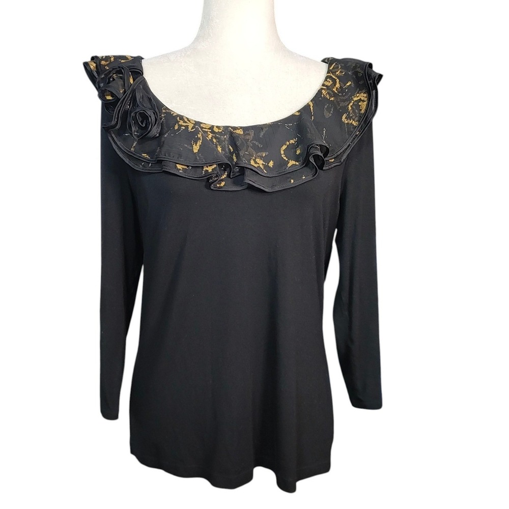 Lauren Ralph Lauren Black Gold Top Floral Ruffle Rose Old Money Quiet Luxury XL